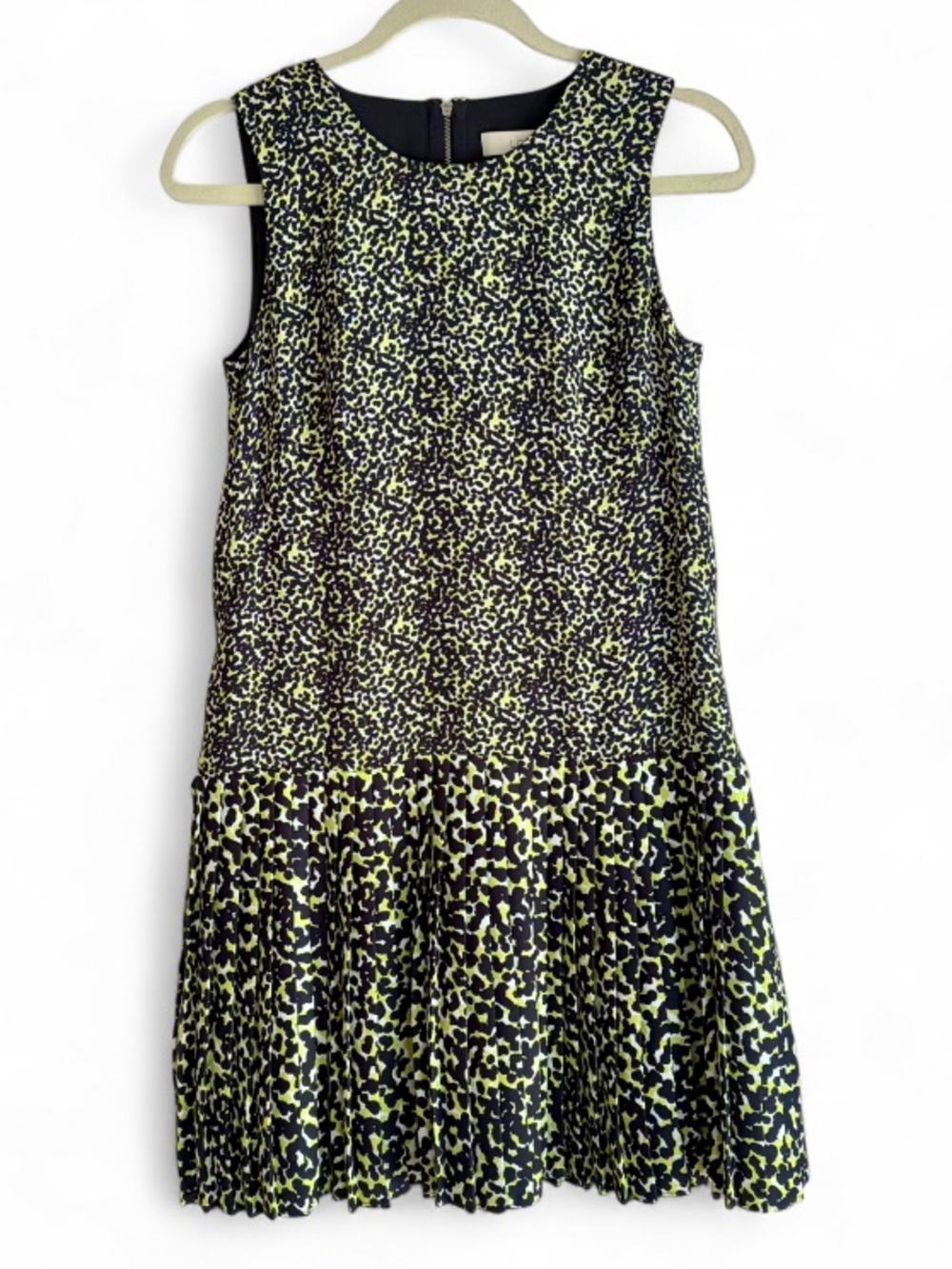 Loft Black and Green Print Drop Waist Sleeveless Pleated Dress Size S